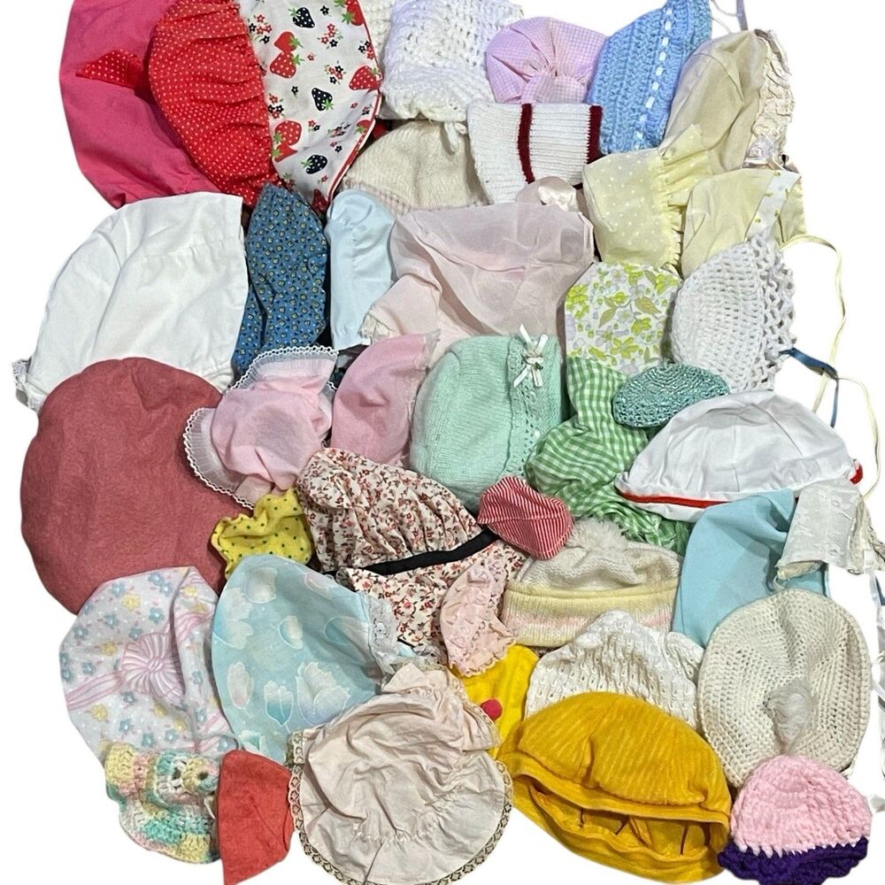 Vintage Huge 30pc Lot Collectible Baby Doll Bonnets Hats Various Assorted Sizes